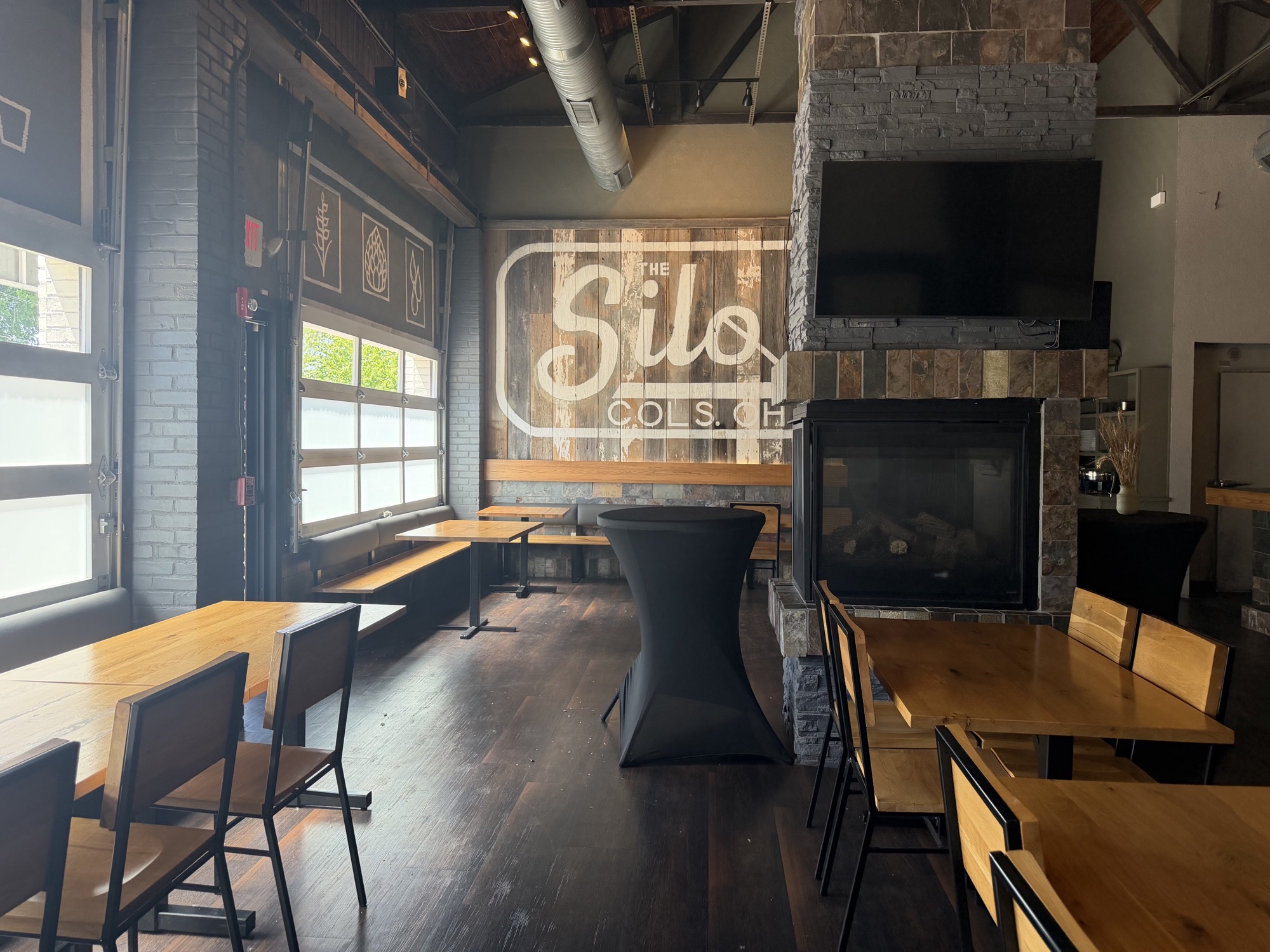 Wide view of The Silo dining room and high-top